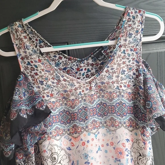New Directions Boho Cold Shoulder Ditsy Floral Slipon Dress S Very Sheer… - Picture 9 of 17